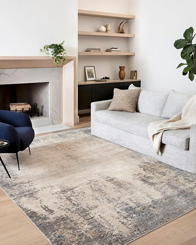 Loloi Teagan Collection TEA-08 Ivory/Mist 6'-7" x 9'-2" Area Rug, Large, Soft Neutral Rug, High-Traffic for Living Room, Bedroom, Home Office, Dining Area