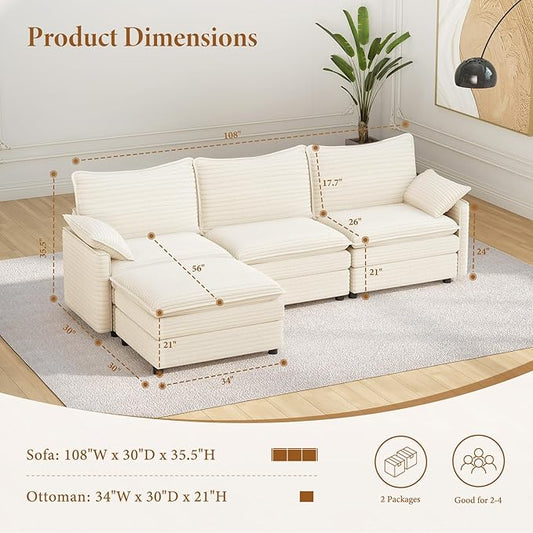 Vesgantti 108" Modular Sectional Sofa, Comfy Cloud Couch with Movable Ottoman Deep Seat Corduroy L Shaped Modular Sofa, Sectional Couches for Living Room, Bedroom and Apartment, Beige