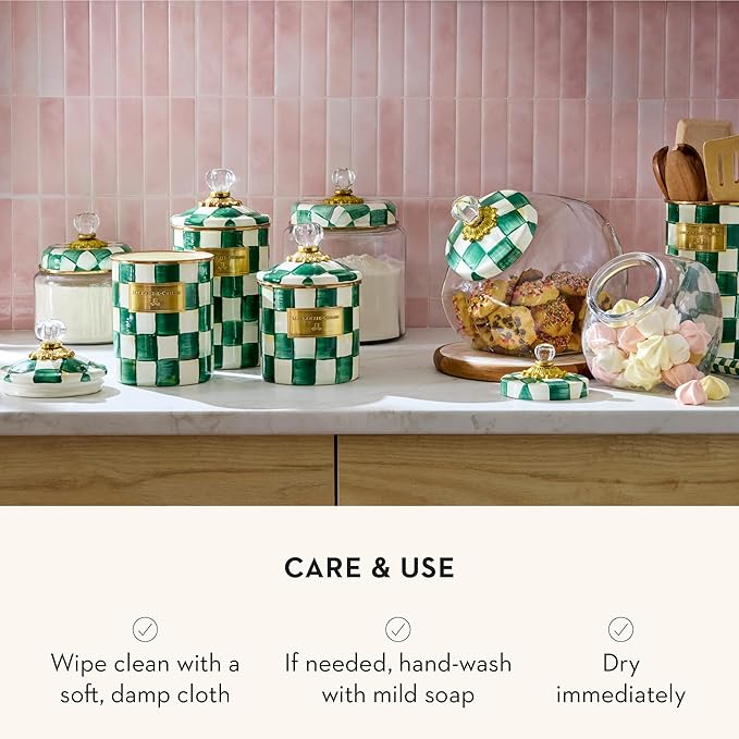 MACKENZIE-CHILDS Small Kitchen Canister, Decorative Glass Storage Jar with Lid, Green-and-White Emerald Check