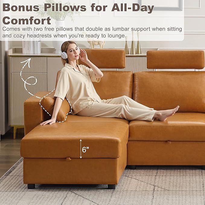 69.7" Loveseat Storage Sofa, Faux Leather Love Seat Couch with Headrest & Pocket, Modular Sectional Cloud 2 Seater Sofas for Living Room Apartment Small Spaces, Oversized Deep Seat Couches, Brown
