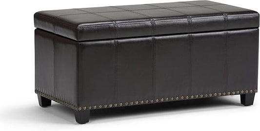 SIMPLIHOME Amelia 33 inch Wide Transitional Rectangle Storage Ottoman Bench in Tanners Brown Vegan Faux Leather, Assembled, For the Living Room, Entryway and Family Room