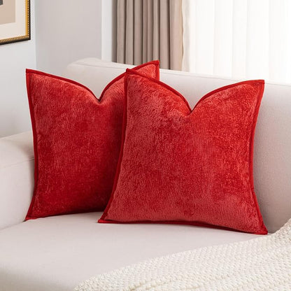 FUTEI Christmas Red Chenille Throw Pillow Covers 22x22 Inch Set of 2,Soft Cozy Bound Edge Design Cushion Case,Home Decor for Couch Bed Living Room