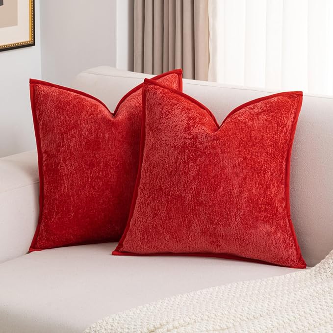 FUTEI Christmas Red Chenille Throw Pillow Covers 26x26 Inch Set of 2,Soft Cozy Bound Edge Design Euro Pillow Sham,Home Decor for Couch Bed Living Room
