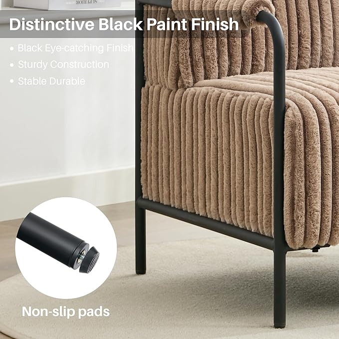 Modern Accent Lounge Chair Velvet Tufted Textured Upholstery Vertical Stitching Metal Frame Ergonomic Reading Chair for Living Room Bedroom Stylish Compact Cozy Design (Light Brown)
