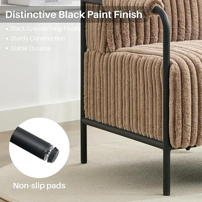 Modern Accent Lounge Chair Velvet Tufted Textured Upholstery Vertical Stitching Metal Frame Ergonomic Reading Chair for Living Room Bedroom Stylish Compact Cozy Design (Light Brown)