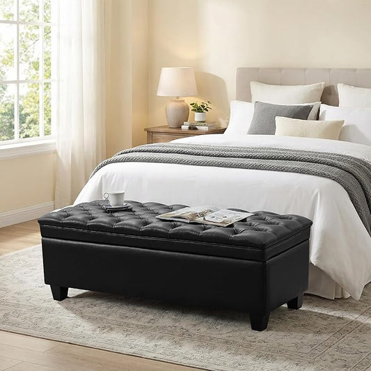 50" Faux Leather Storage Ottoman Bench, Rectangular End of Bed Storage Bench, Upholstered Large Tufted Ottoman with Storage for Living Room, Bedroom, Entryway,Black