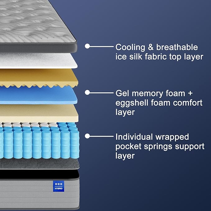 Firm King Size Mattress 14 Inch Hybrid King Mattress with Gel Memory Foam-Cooling Ice Silk Top, Support&Back Pain Relief, Individual Pocket Spring, CertiPUR-US Certified Mattress in a Box