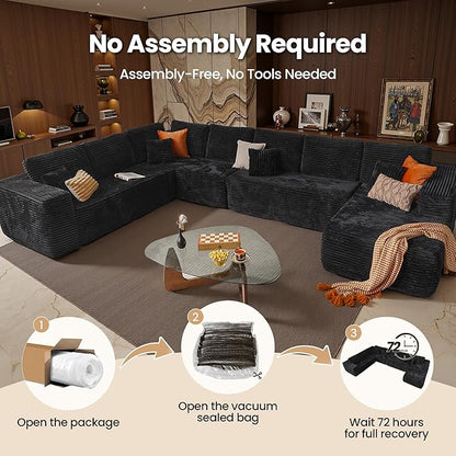 Cloud Sectional Couch with Chaise, Boneless U-Shaped Cloud Couch with Deep Seat, Soft Plush Modern Minimalist Sofa, Assembly Free Modular Floor Sofa for Office Living Room Apartment, Black