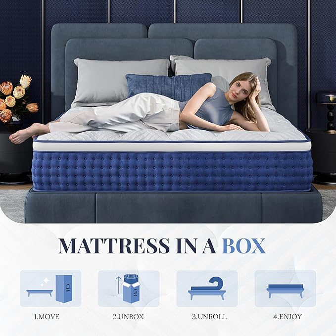 Full Size Mattress, 10 Inch Full Hybrid Mattress in a Box, Medium Feel Foam and Individual Pocket Springs, Extra Edge Support, Pressure Relief, CertiPUR-US, Blue