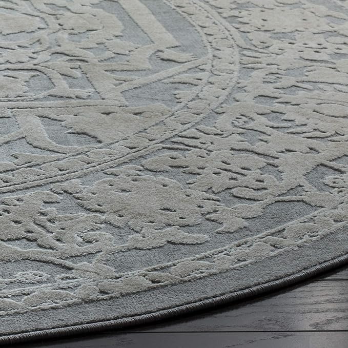 SAFAVIEH Reflection Collection Area Rug - 6'7" Round, Light Grey & Cream, Non-Shedding & Easy Cleaning, Ideal for Living Room, Bedroom (RFT665C)