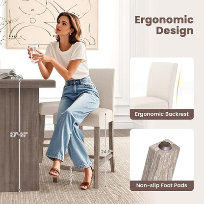 COSTWAY Counter Height Bar Stools Set of 2, 24.5’’ Upholstered Mid Century Modern Island Chairs with Rubber Wood Legs, Wooden Barstools for Kitchen, Dining Room, Bar, Restaurant (Beige)
