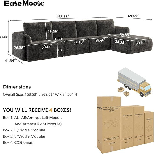 EASE MOOSE Cloud Couch Sectional Sofa, Large L-Shaped Oversized Modular Couch for Living Room, Minimalist Boneless Convertible Couches with Ottoman, 5-Seat Deep Sofa for Bedroom, Chenille (Dark Grey)