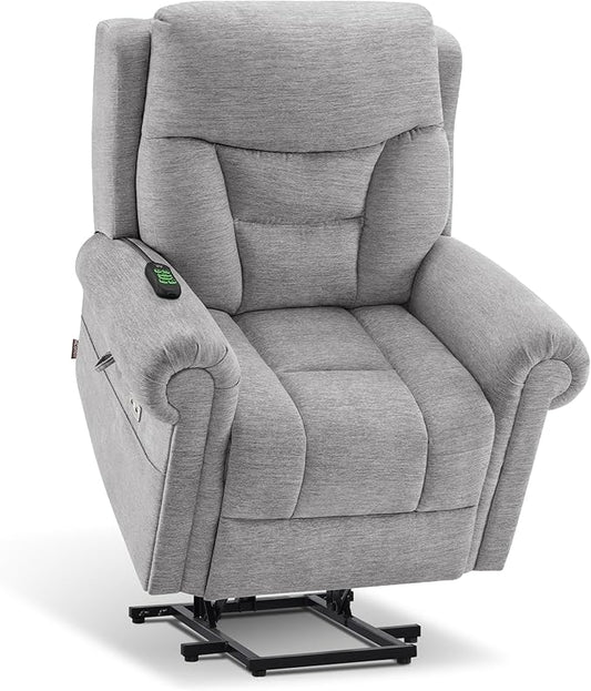 MCombo Triple Motor Power Lift Recliner Chair with Massage and Lumbar and seat Heating, Rolled Arms, Adjustable Headrest for Elderly People, Fabric 7888 (Grey, Medium)