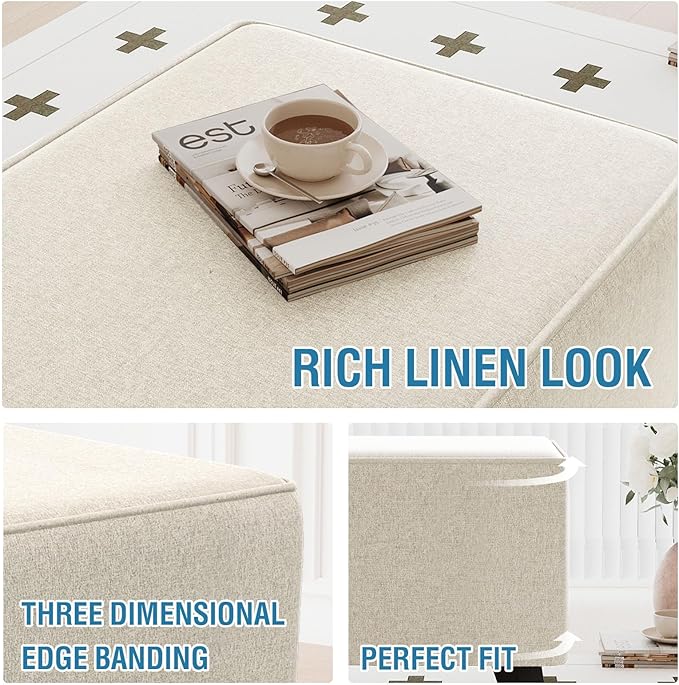 H.VERSAILTEX Thick Durable Linen Look Ottoman Cover Folding Storage Stool Furniture Protector Soft Rectangle Slipcover with Elastic Bottom Fit Length 49"-50" Footrest Washable - Heather Ivory
