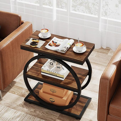 LITTLE TREE 3-Tier End Table, Industrial Side Table with Storage Shelves, Small Sofa Side Table for Living Room, Wooden Side End Table with Double Round Metal Legs