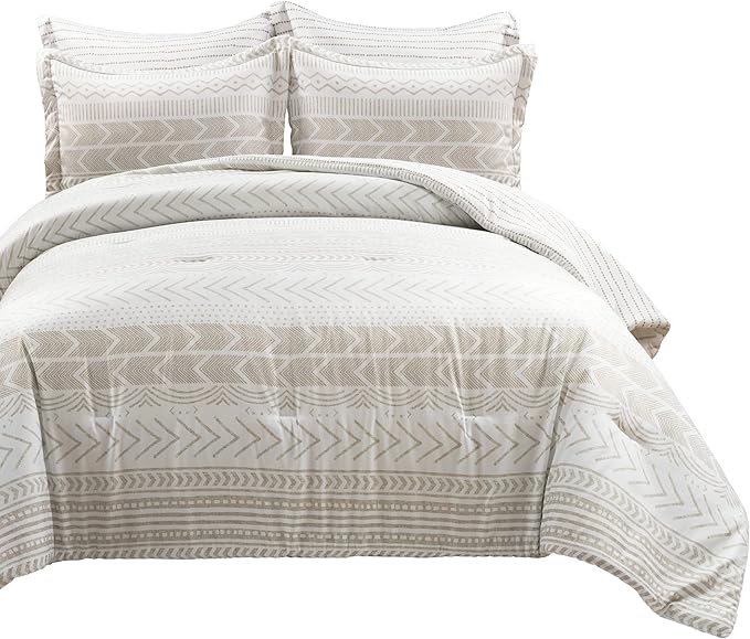 Lush Decor Hygge Geo Reversible 5 Piece Comforter Set, Full/Queen, Taupe & White
