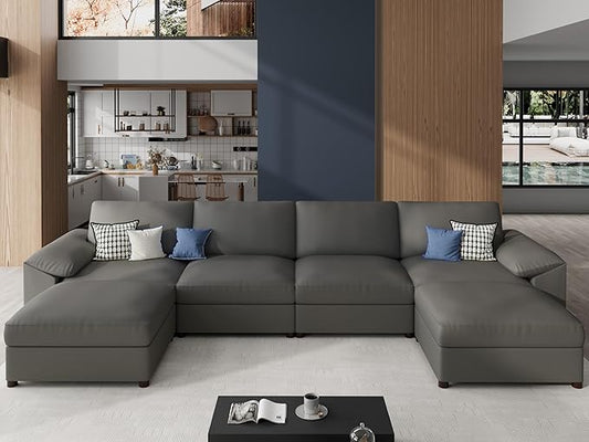 EASE MOOSE Leather Sectional Couch, Oversized Modular Sectional Sofas, Wide Deep Seat Modular Couch, Scratch Resistant Faux Leather Material, U Shaped Sofa for Big Spaces,Grey