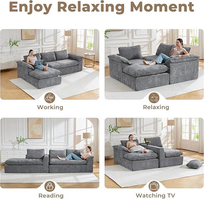 Modular Sectional Sofa, 107.5" L-Shaped Boneless Couch with Deep Seat, Modern Minimalist Upholstered Cloud Sectional Couch for Living Room Bedroom, No Assembly Required, Dark Gray Chenille