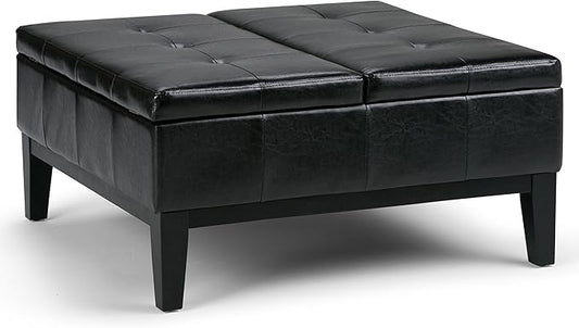SIMPLIHOME Dover 36 inch Wide Contemporary Square Coffee Table Storage Ottoman in Midnight Black Vegan Faux Leather, Assembled, For the Living Room and Bedroom