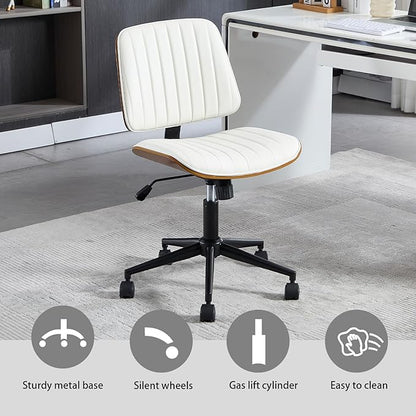 Small Home Office Chair - Armless Mid Back Desk Chair with 360° Swivel and Wheels, PU Upholstered Height Adjustable Modern Walnut Computer Chair for Home, Office Meeting Room - Black