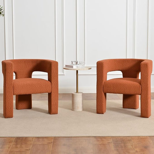KINWELL 28" W Boucle Accent Chair Armchairs Set of 2, Upholstered Square Open-Back Barrel Chair, No Assembly Side Chair ArmChairs for Living Room Bedroom Lounge (Caramel)