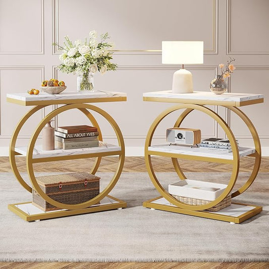 Tribesigns End Table with Storage Shelves Pack of 2, 3-Tier Wooden Industrial Sofa Side Table with Black Metal Frames for Living Room, Slim Nightstand and Bedside Table for Bedroom, White & Gold