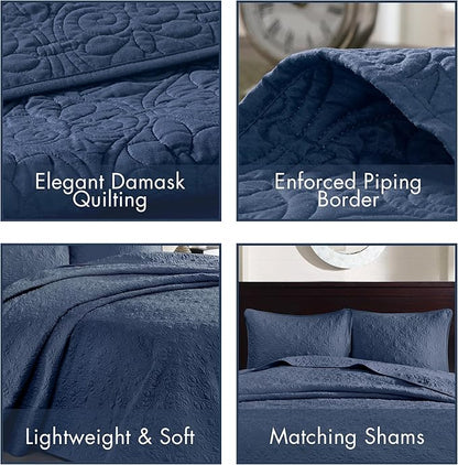 Madison Park Quebec Reversible Quilt Set Damask Design, Double Sided Stitching All Season, Lightweight Bedspread Bedding Set, Matching Sham, Navy, Full(96"x110") 3 Piece