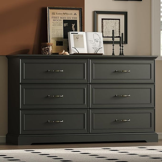 Farmhouse 6 Drawers Dresser for Bedroom, 54" Wide Modern Chest of Drawers with Deep Drawers & Bar Handles, Rustic Wood Dresser TV Stand, Wooden Closet Storage Organizer for Living Room, Hallway, Black