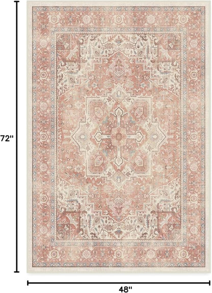 RUGGABLE Washable Area Rug – Kamran Rose Pink 4x6, Stain-Resistant, Non-Slip – Medium Machine Washable Rugs for Living Room, Bedroom, Hallway, Entryway & Office–with Standard Pad