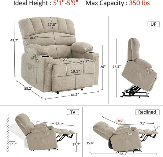 MCombo Power Lift Recliner Chair for Elderly, Lift Chair with Heat and Massage, Extra Wide Lift Recliner for Big People, Fabric R7096 (Medium-Wide, Beige)