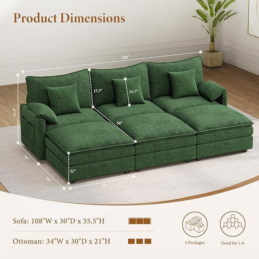 Vesgantti 108" Sectional Sleeper Sofa, 6-Seater Oversized Modular Cloud Couch with Movable Ottoman, Chenille Large Sofa Bed Convertible Deep Seat Couches for Living Room, Bedroom and Apartment, Green