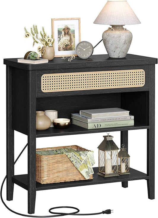 VASAGLE Console Table with Power Outlets, Entryway Table with Storage Shelf, Sofa Table with Drawer, Open Compartment, Rounded Corners, for Living Room, Boho Style, Ash Black ULNT140B21