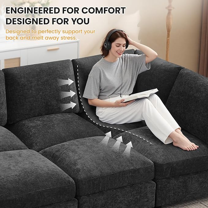 Modular Sectional Cloud Sofa Bed, 8-Seater Convertible Sofa Couch with Ottoman, Modern Deep Seat Sleeper Sofa for Living Room, Chenille Dark Grey