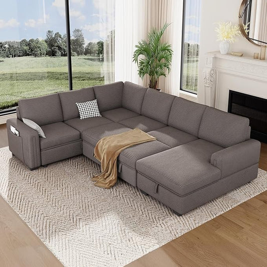 Vesgantti 113.6" Pull Out Sofa Bed with Chaise, 7 Seater U Shaped Sleeper Sofa with Storage Chaise, Corduroy Modular Sectional Couch for Living Room, Bedroom, Apartment, Light Coffee