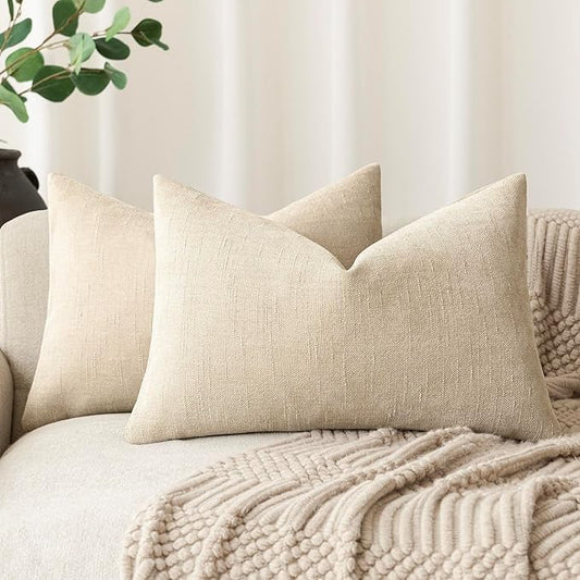 Foindtower Pack of 2 Soft Textured Throw Decorative Pillow Covers Lumbar Accent Solid Cushion Cover Cozy Neutral Farmhouse Pillow Case for Couch Sofa Bedroom Living Room 12x20 Inch, Beige
