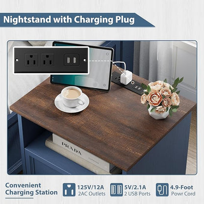 Blue Nightstand with Charging Station, Farmhouse End Table with 2 Drawers, Bedside Table with Space-Saving Storage Cabinet, Unique Base Design for Bedroom, Living Room