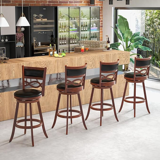 COSTWAY Bar Stools Set of 4, 29.5” Bar Height Stools with Rubber Wood Frame, Faux Leather Upholstered Seat and Backrest, Swivel Barstools for Kitchen Island, Pub, Brown (4, Seat Height: 29.5”)