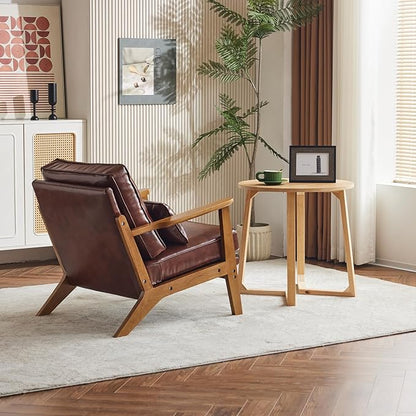 Karl home Accent Chair Wide Armrest Mid-Century Lounge Chair PU Leather Armchair with Lumbar Pillow & Solid Wood Frame for Living Room, Bedroom, Balcony, Red-Brown