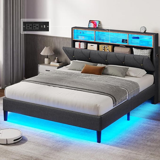 Queen Bed Frame with Storage Headboard and RGB LED Lights, Modern Upholstered Platform Bed Frame Queen Size with Charging Station, Stable Easy Assembly,Dark Grey