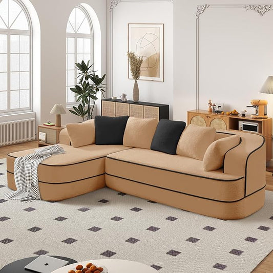 Cloud Sectional Sofa Modern Boneless Couch for Living Room, Comfy Deep Seat Comfy Teddy Fabric Double Sofa Chaise No Assembly Required (Camel, 106" L Shape with Left Facing)