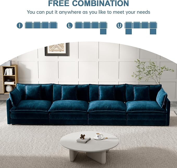 Modular Sectional Sofa, 146.5 Inch I-Shaped Cloud Sofa with Deep Seat Chenille Sofa with Cushions, Four Seater Sectional Sofa for Living Room Apartment,Blue