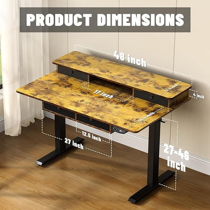 48 * 30 Inches Electric Standing Widened Desk Adjustable Height with 4 Drawers, Double Storage Shelves Stand Up Desk, Home Office Workstation Sit Stand up Desk (Rustic Brown)