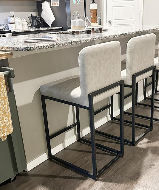 ALPHA HOME 24 Inch Bar Stools Set of 2, Kitchen Counter Stools with Backs, PU Leather Barstools, Kitchen Stools with Back&Upholstered Footrest, Sturdy Chromed Metal Steel Frame, Light Gray