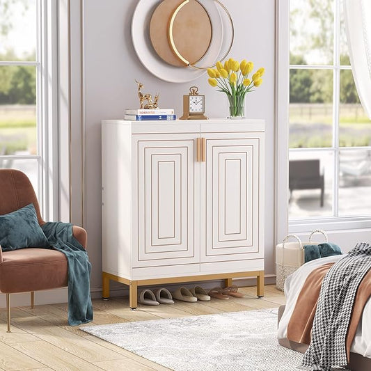 LITTLE TREE Shoe Cabinet with Doors, 20 Pairs Entryway Shoe Storage Cabinet Modern Storage Organizer for Closet, Living Room, Bedroom (White/Gold)