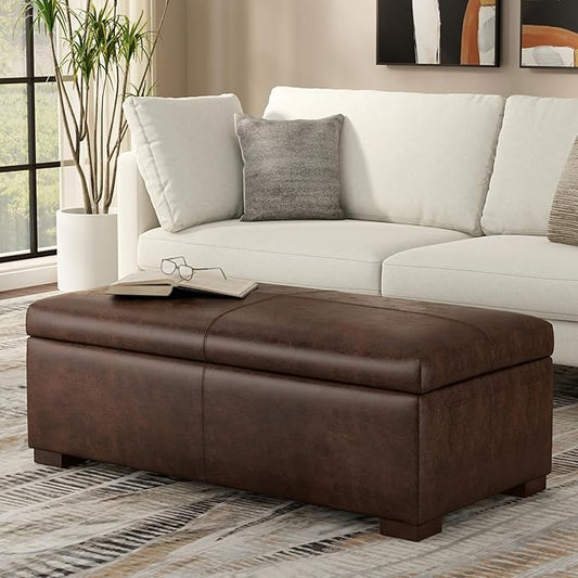 SIMPLIHOME Gabbie 48 inch Wide Contemporary Rectangle Rectangular Storage Ottoman in Distressed Chestnut Brown Vegan Faux Leather, Assembled, For the Living Room, Entryway and Family Room