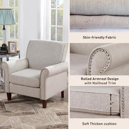 Prilinex Upholstered Living Room Chair Set of 2 - Large Comfy Fabric Accent Chair Single Sofa with Cushion, Rolled Armrest & Nailhead Trim, Mid Century Farmhouse Armchair for Bedroom, Office, Beige