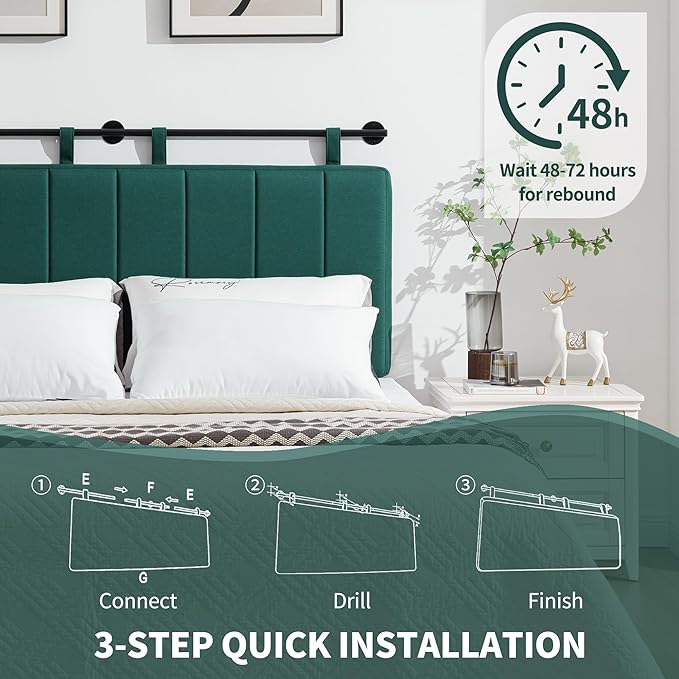 UEV King Headboard Only, Wall Mounted Hanging Upholstered Bed Head Board, Modern Vertical Channel Design of Fine Linen, Elegant Light Yellow Fluted Headboard for Bedroom (Dark Green, King Size)