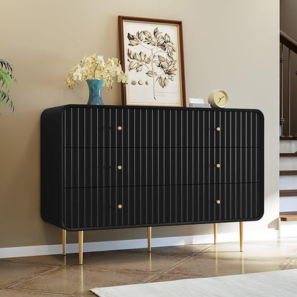 HLR Black Dresser for Bedroom,48'' Wide Wood Chests of Drawers,Modern Fluted 6 Drawer Dresser with Gold Metal Handles,Clothes Deep Drawer Dressers Storage for Living Room,Hallway