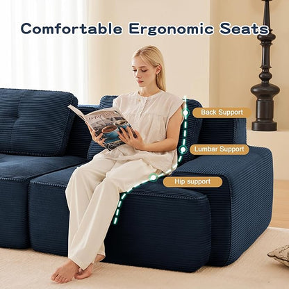 115.3” Blue Boneless Couches for Living Room, Modular Sectional Sofa with L-Shape Chaise, 3 Seater Comfy Upholstered Deep Seat Corduroy Fabric Cloud Couch No Assembly, Anti-Slip Design