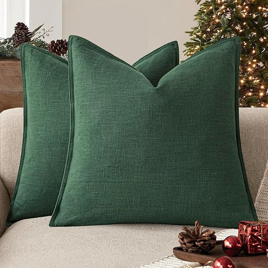 Foindtower Set of 2, Decorative Linen Soild Throw Pillow Covers Soft Accent Euro Cushion Case Farmhouse Neutral Pillowcase for Chair Couch Sofa Bedroom Living Room Home Decor 22 x 22 Inch Pine Green